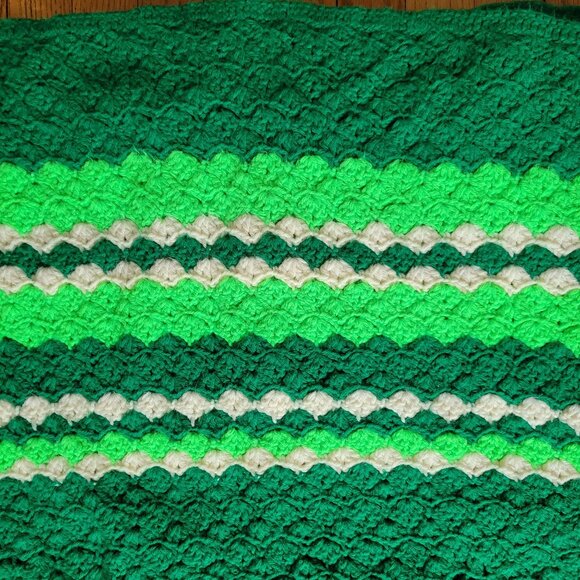Green Handmade Crochet Blanket With Striped Pattern 54x72 - Picture 2 of 3